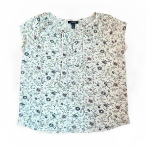 NWT Women's Chaps Cream W/ Floral Lace-Up Short Sleeve Blouse Sz XS